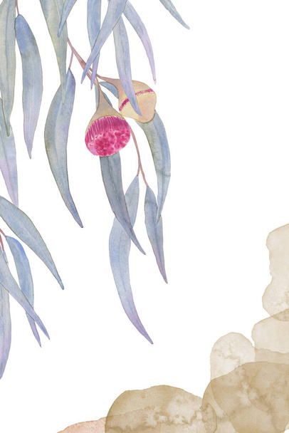 Art mural aquarelle botanique avec des éléments abstraits dans des tons beiges et naturels. Affiche style boho minimaliste. branches d'eucalyptus dessinées à la main avec des fleurs et des taches de terre. Motif scandinave. - Photo, image