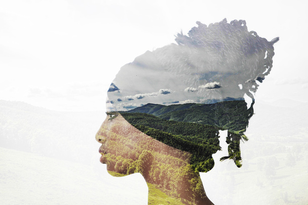 Double exposure of girl with braids and landscape - Photo, image