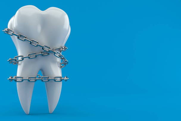 青の背景に鎖で隔離された歯。3Dイラスト - 写真・画像