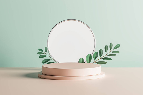 3d presentation pedestal with branch with leafs and background mirror. 3d rendering of mockup of presentation podium for display or advertising purposes for cosmetic or other products - Foto, afbeelding