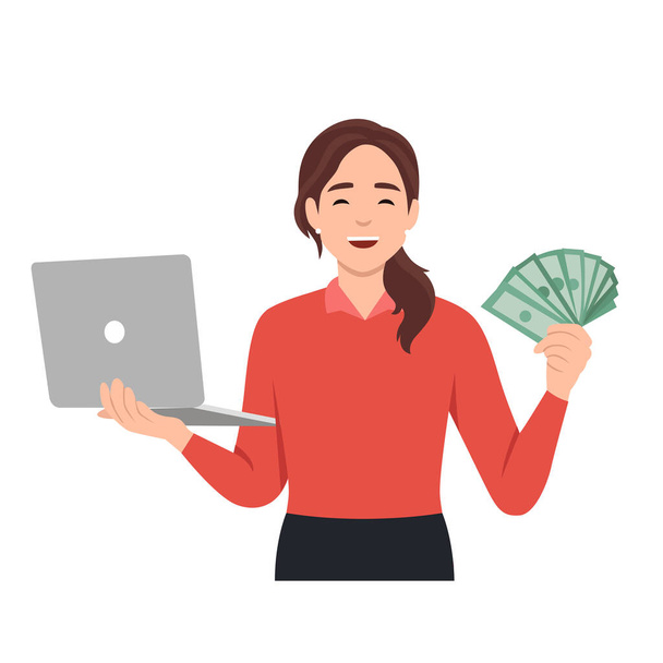Young woman making money in internet concept. Winning plenty of money in social media on laptop. Holding cash. Flat vector illustration isolated on white background - Vecteur, image