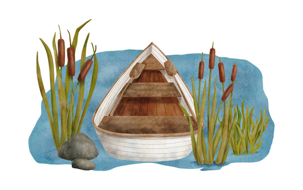 Watercolor wooden boat illustration. Hand drawn classic rowboat with oars in blue water with reed plants isolated on white background. Rowing trip in lake, relaxing nature trip design - Fotó, kép
