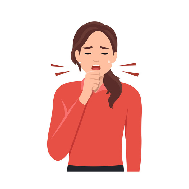 Young sick woman. Unhappy character. Vector cartoon illustration. Woman coughing in hand. Flat vector illustration isolated on white background - Vektor, obrázek