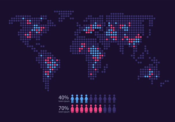 Κοινωνία παγκόσμιο χάρτη infographic διάγραμμα πρότυπο σχεδιασμού σκούρο θέμα. Συγκρίσεις ανδρών γυναικών. Αφηρημένο διάγραμμα πληροφοριών με επεξεργάσιμο περίγραμμα. Εκπαιδευτικά γραφικά. Παρουσίαση οπτικών δεδομένων. Χρήση γραμματοσειράς Myriad Pro - Διάνυσμα, εικόνα