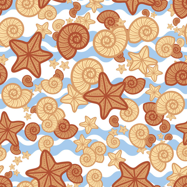 貝殻やヒトデの可愛くて愛らしいラインアートのイラスト。ビーチをテーマにした楽しいシームレスなパターンデザイン。夏に最適. - 写真・画像