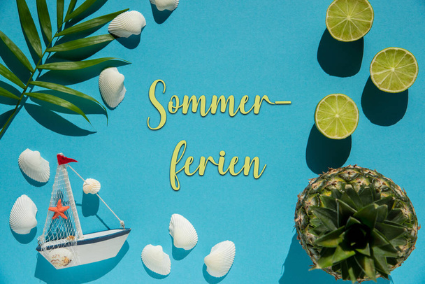 Flat Lay With German Text Sommerferien Means Summer Vacation. Turquoise Or Blue Background Wit Decoration Like Pineapple, Shells, Boat And Lemons. - Photo, Image