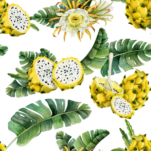 Yellow pitaya dragon fruits slices in tropical leaves seamless pattern on white background. Hand drawn illustration for summer menus, fabrics, tropical and exotic designs. - Fotó, kép
