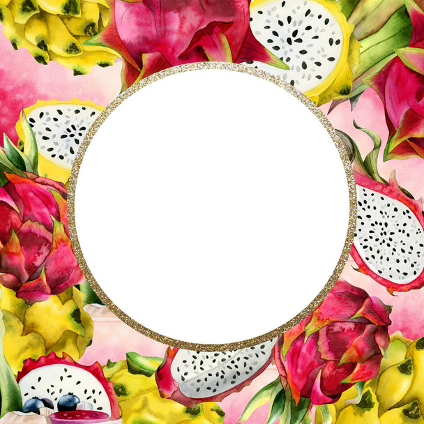 Pitaya square and round frame with pink yellow dragon fruits watercolor template botanical tropical illustration isolated on white background. - Фото, зображення