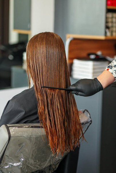 Fryzjerka szczotkująca kobietom długie rude włosy. Dba o zdrowe i czyste włosy. Koncepcja salonu piękności - Zdjęcie, obraz