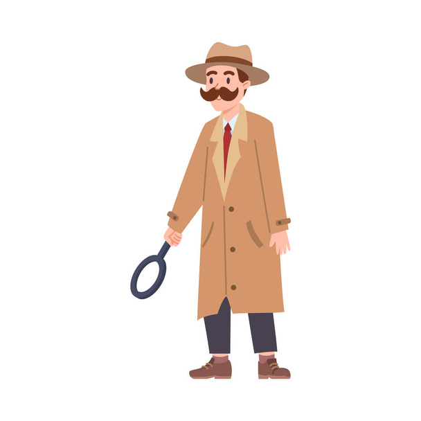 Vector isolated illustration of man with mustache in coat and hat stands with magnifying glass. Detective outfit set on white background. Private detective agency. - ベクター画像