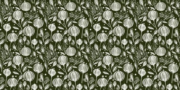 Forest green country floral blockprint linen seamless border. Print of French cottage interior cotton effect flower fabric washi tape - Photo, Image