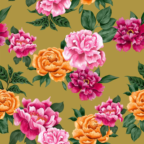 Watercolor flowers pattern, pink and yellow tropical elements, green leaves, green background, seamless - Photo, Image
