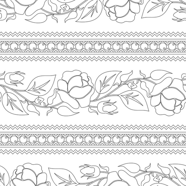 Seamless Pattern with Rose Inspired by Ukrainian Traditional Embroidery. Ethnic Floral Motif, Handmade Craft Art. Horizontal Oriented Stripes. Coloring Book Page. Vector Contour Illustration - Vektor, kép