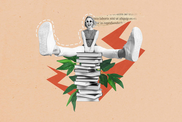 Creative collage image of excited mini black white effect girl sit huge pile stack book plant leaves isolated on beige background. - Foto, imagen