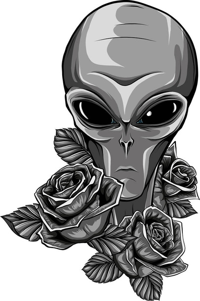 ilustração de Alien cabeça e rosas vermelhas flores - Vetor, Imagem