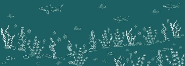 Marine,ocean border with underwater world,fish,algae,sharks - Vector, Image