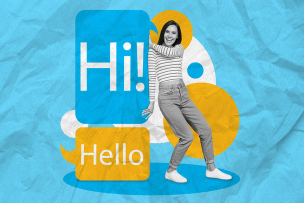 Composite collage picture of mini black white colors girl push big dialogue bubble hi hello text isolated on paper blue background. - Foto, immagini
