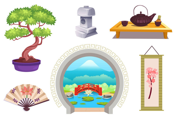 Conjunto japonês de lanterna de pedra japonesa, sakura, bonsai, porta aberta redonda, ponte de jardim, lírios de água, ventilador - Vetor, Imagem