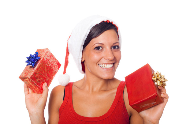 Sexy Woman with Santa Hat and Christmas Gifts - Fotó, kép