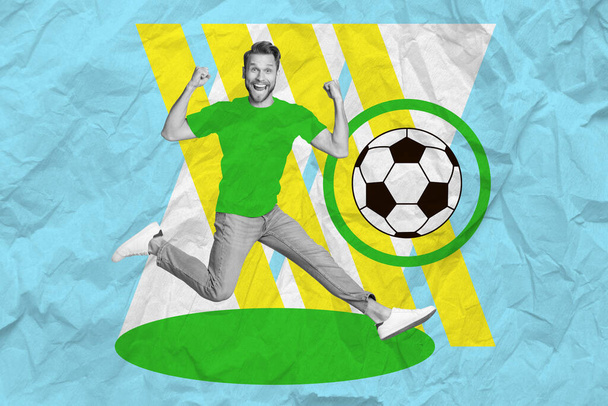 Collage picture of delighted excited guy jumping raise fists kick football isolated on paper blue background. - Φωτογραφία, εικόνα