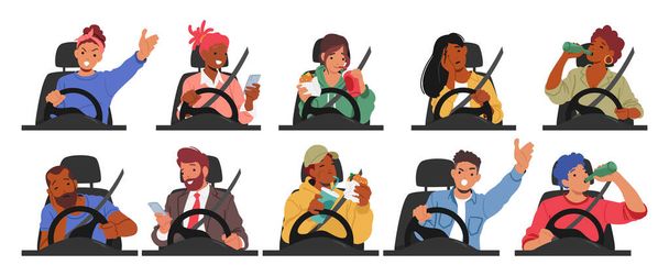 Eine Reihe männlicher und weiblicher Fahrerfiguren in Gefahrensituationen. Menschen schlafen, telefonieren per Handy, essen, trinken Alkohol, schaffen eine potenziell gefährliche Situation im Straßenverkehr. Zeichentrickvektorillustration - Vektor, Bild