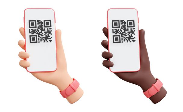 Σάρωση QR κώδικα 3d καθιστούν εικονογράφηση - ανθρώπινο χέρι κρατώντας κινητό τηλέφωνο με barcode στην οθόνη. Ασφαλής απρόσκοπτη πληρωμή ή αναζήτηση πληροφοριών χρησιμοποιώντας τον κώδικα qr και το smartphone. - Φωτογραφία, εικόνα