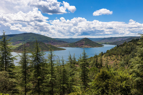 Yleisnäkymä Salagou-järvelle järven pohjoispuolella olevan metsäpolun korkeuksista - Valokuva, kuva