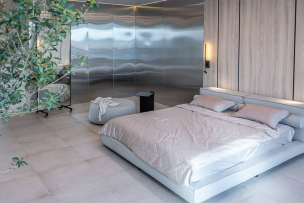 modern minimalistic soft design bedroom interior in Japanese style in beige color - Zdjęcie, obraz