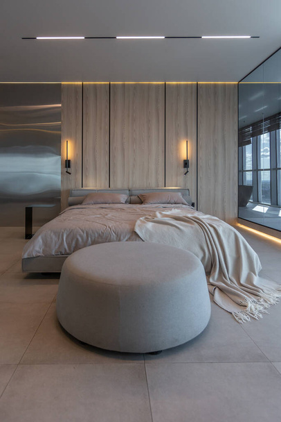 modern minimalistic soft design bedroom interior in Japanese style in beige color - Photo, Image