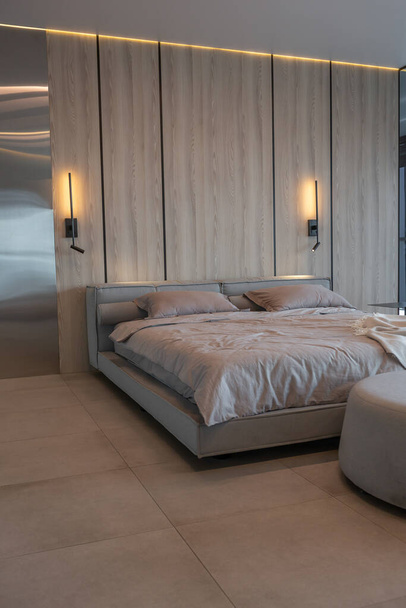 modern minimalistic soft design bedroom interior in Japanese style in beige color - Foto, Imagen