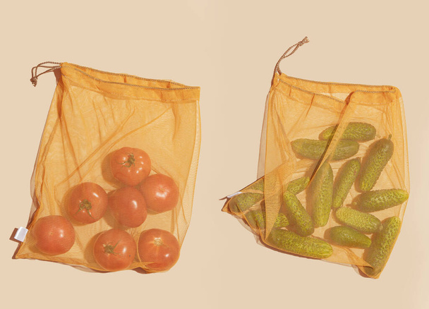 Vegetables in eco bags. Conscious consumption, reuse. World refill day - Fotoğraf, Görsel