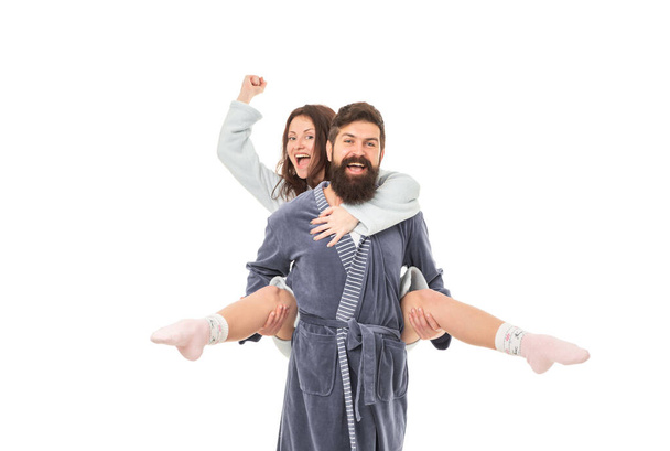 Happy girl ride piggyback on man screaming hurrah in morning isolated on white, enjoy. - Φωτογραφία, εικόνα
