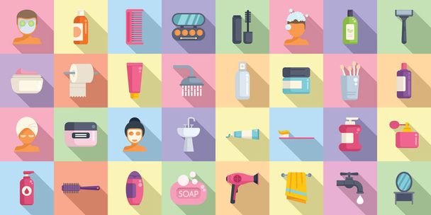 Morning treatments icons set flat vector. Care shave. Face skin - Vector, Imagen