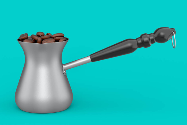 Turkish coffee cooked in sand or maker cezve with coffee bean on green background. 3d render of coffee pot for making espresso coffee - Zdjęcie, obraz