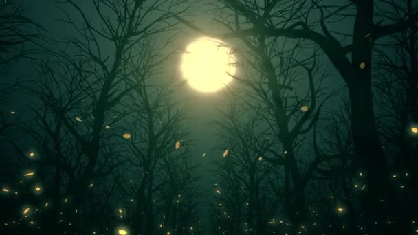 Promienie księżyca oświetlają opadające liście w jesiennym lesie. Animacja 3D. Płynna pętla. 4k. 3840x2160. - Materiał filmowy, wideo