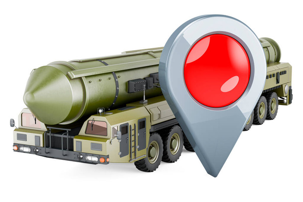Scud missile, mobile short-range ballistic missile system with map pointer. 3D rendering isolated on white background - Photo, Image