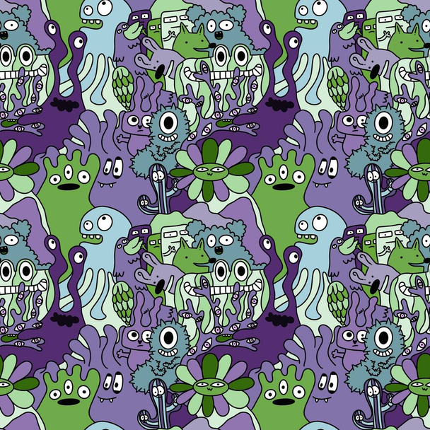 Cartoon monsters seamless funny aliens and rabbit and cactus and flower pattern for wrapping paper and linens and fabrics and kids clothes print and festive packaging. High quality illustration - Fotoğraf, Görsel