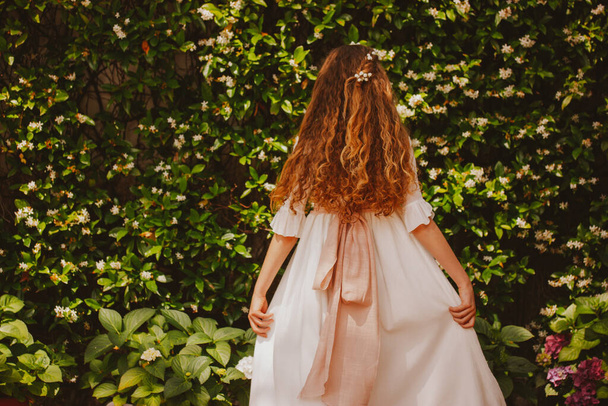 Κοριτσάκι με μακρύ λευκό φόρεμα με όμορφη μακριά σγουρά μαλλιά με θέα από την πλάτη και φόντο ανθισμένους θάμνους. Μια πριγκίπισσα σε ανοιξιάτικο κήπο. Γυναικεία μόδα. Ανέκφραστη γυναίκα, κυρία.. - Φωτογραφία, εικόνα