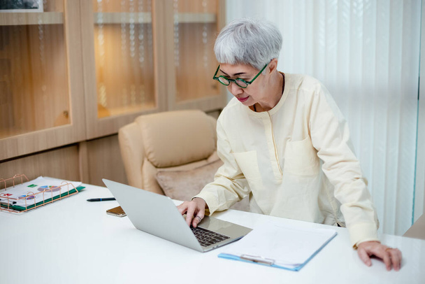 Frauen nutzen ihre Ideen, um zu arbeiten. Seniorin mit Laptop. Arbeit im Ruhestand stabiler Job im Leben. Ältere Lehrerführung. Ältere Frauen stöbern im Chat. - Foto, Bild