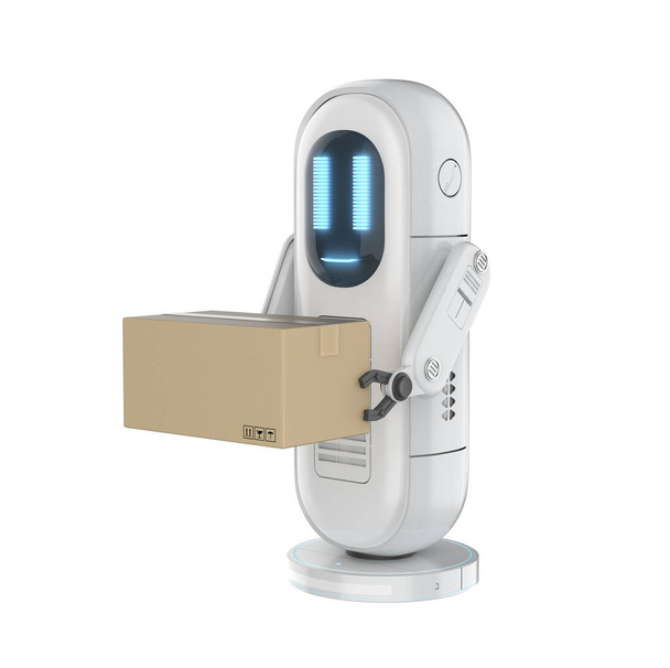 Conceito logístico inteligente com robô assistente de entrega de renderização 3d enviar caixa de pacote - Foto, Imagem