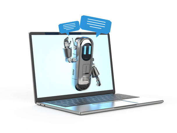 3D-Rendering Chatbot oder Assistent Roboter Chat mit Sprechblase auf Laptop - Foto, Bild