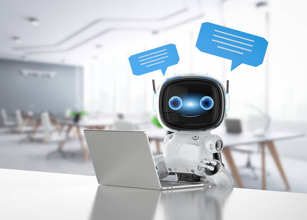 3D рендеринг chatbot или помощник робота чат с пузырьком речи в офисе - Фото, изображение