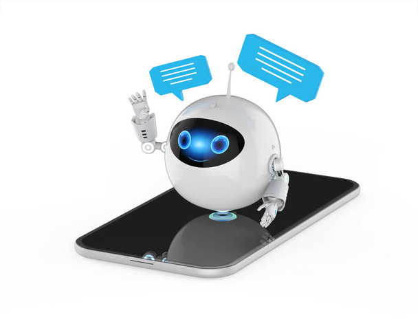 3D απόδοση chatbot ή βοηθός συνομιλία ρομπότ στο κινητό τηλέφωνο με φούσκα ομιλία - Φωτογραφία, εικόνα