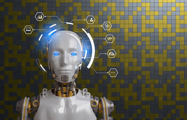 Белая женщина-робот на размытом фоне с помощью цифрового сетевого 3D рендеринга
 - Фото, изображение