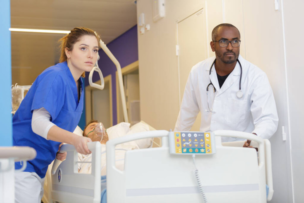 multi-ethnic nursing staff with hospital bed in modern healthcare centre - Foto, Imagem