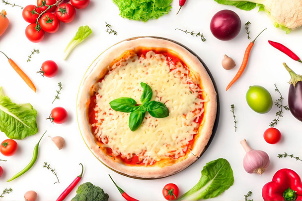 Pizza italiana con jamón, tomate, aceitunas y champiñones aislados sobre fondo blanco. Vista superior. Con ruta de recorte incluida
  - Foto, imagen