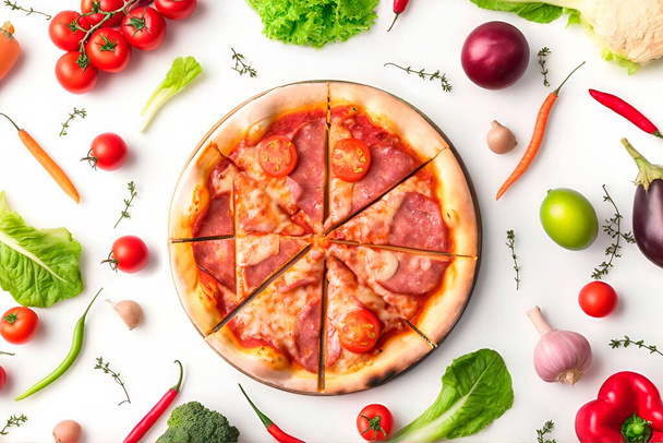 Italialainen pizza jamonilla, tomaatilla, oliiveilla ja sienillä eristettynä valkoisella pohjalla. Huippunäkymä. Leikkaus polku mukana
 - Valokuva, kuva