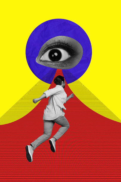 Illustration collage picture artwork of running away fast speed man scared spying human eyeball projector isolated on yellow background. - Φωτογραφία, εικόνα