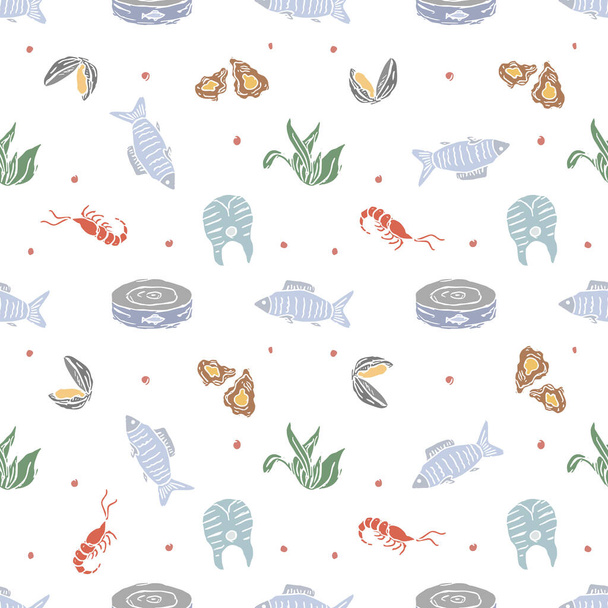色の海のパターン。描かれた魚介類の背景 - ベクター画像
