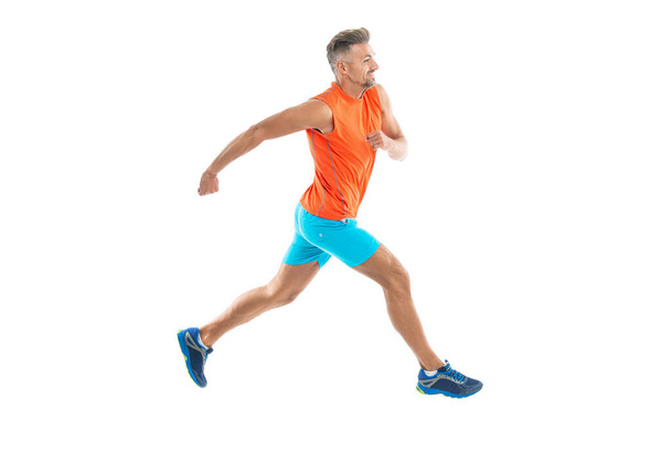 sport runner crossed the finish line after completing a marathon. jumping runner sprinted with incredible speed. sport competition. runner at a long sport run. runner run isolated on white studio. - Foto, Imagem